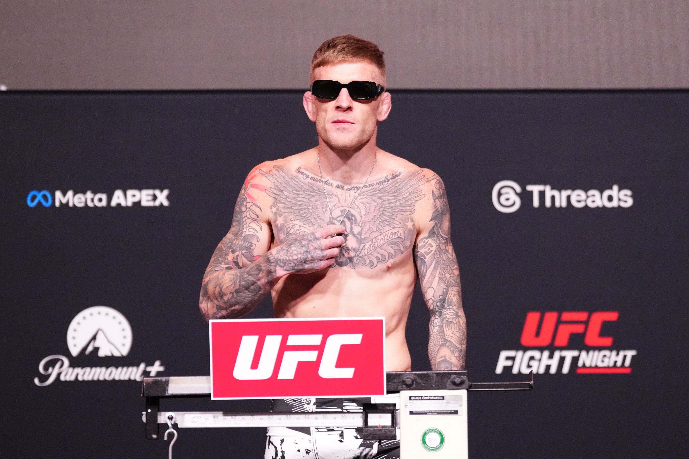LAS VEGAS, NEVADA - APRIL 03: Chris Duncan of Scotland poses on the scale during the UFC Fight Night official weigh-ins at Meta APEX on April 03, 2026 in Las Vegas, Nevada. (Photo by Jeff Bottari/Zuffa LLC)