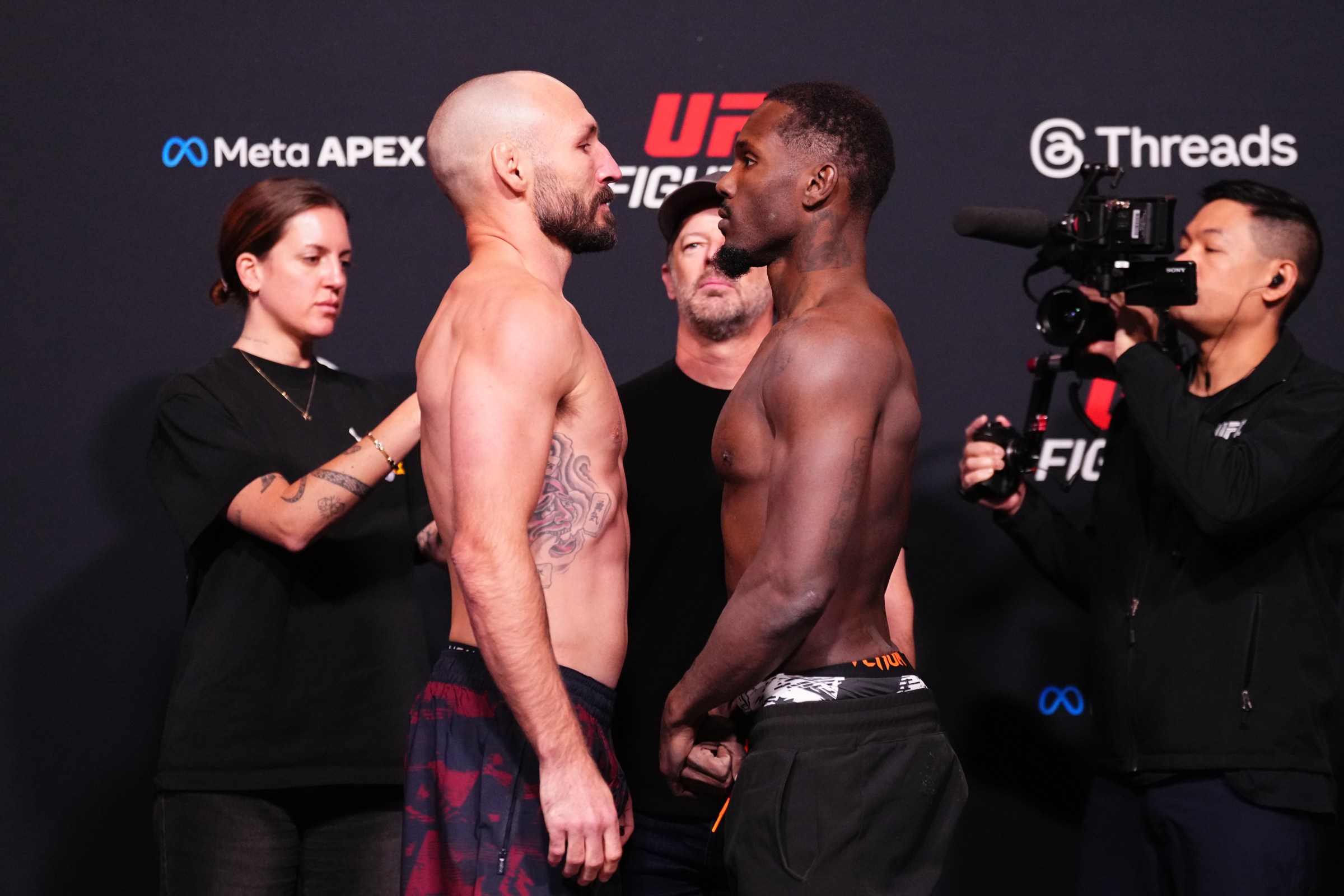 LAS VEGAS, NEVADA - APRIL 03: (L-R) Lando Vannata and Darrius Flowers face off during the UFC Fight Night official weigh-ins at Meta APEX on April 03, 2026 in Las Vegas, Nevada. (Photo by Jeff Bottari/Zuffa LLC)