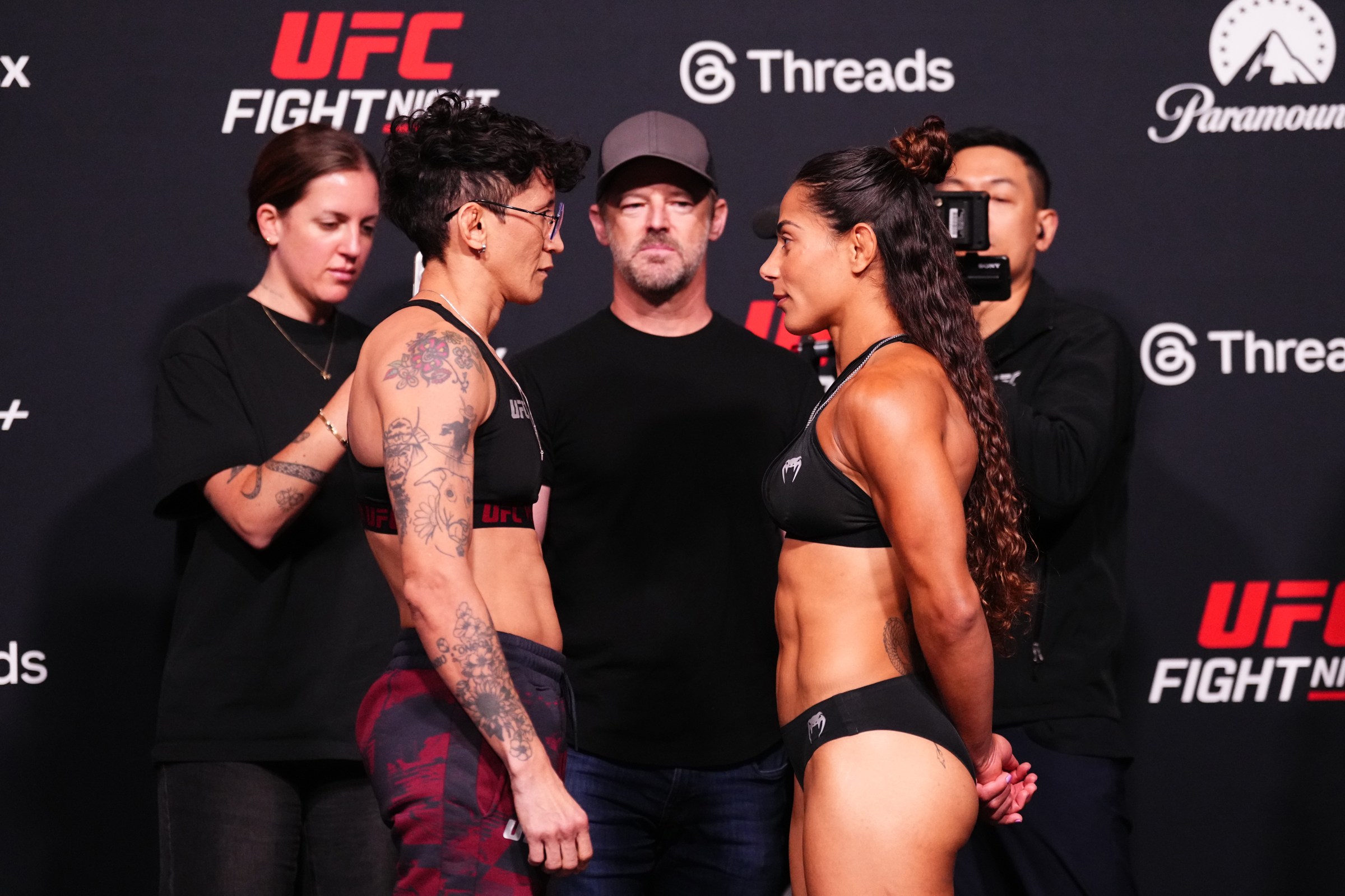 LAS VEGAS, NEVADA - APRIL 03: (L-R) Virna Jandiroba of Brazil and Tabatha Ricci of Brazil face off during the UFC Fight Night official weigh-ins at Meta APEX on April 03, 2026 in Las Vegas, Nevada. (Photo by Jeff Bottari/Zuffa LLC)