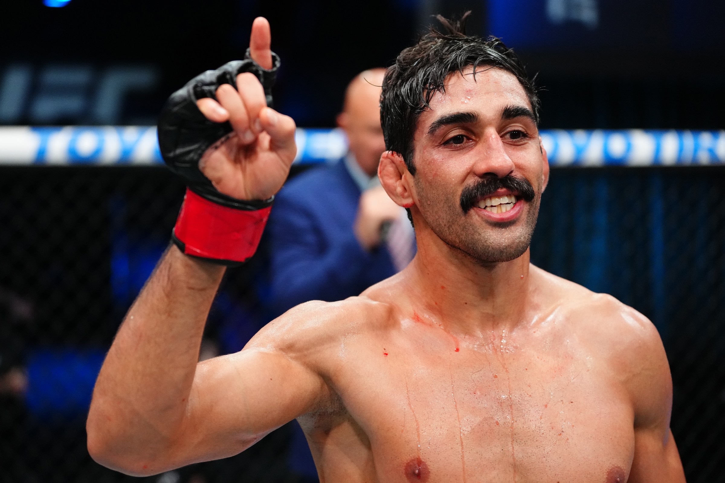 LAS VEGAS, NEVADA - APRIL 04: Jose Delano of Brazil reacts after a victory against Robert Ruchala of Poland in a featherweight fight during the UFC Fight Night event at Meta APEX on April 04, 2026 in Las Vegas, Nevada. (Photo by Jeff Bottari/Zuffa LLC)