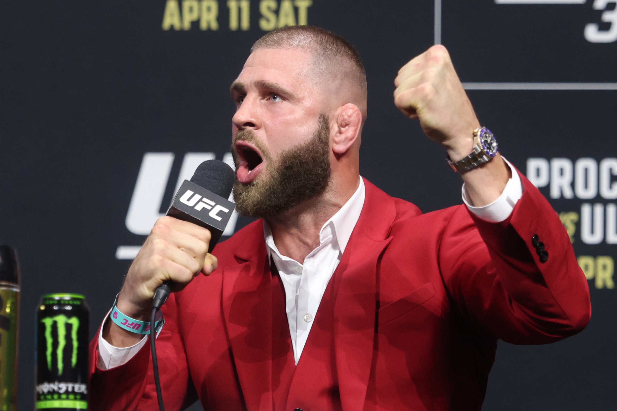 MIAMI, FLORIDA - APRIL 09: Jiri Prochazka of the Czech Republic is seen on stage during the UFC 327 press conference at Kaseya Center on April 09, 2026 in Miami, Florida. (Photo by Ed Mulholland/Zuffa LLC)