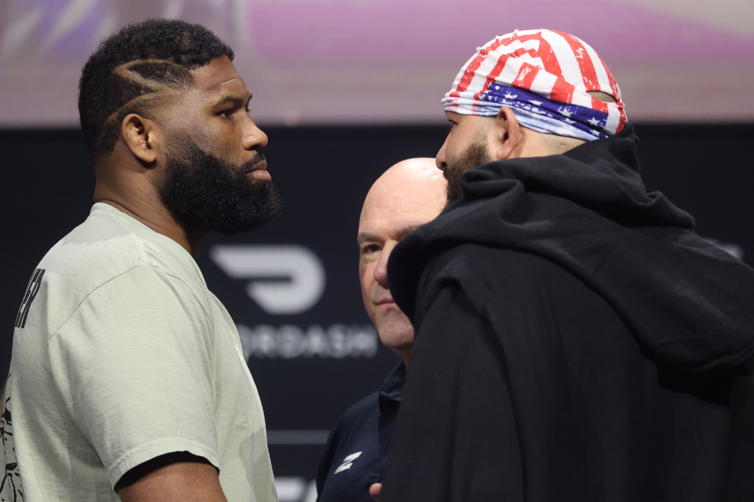 MIAMI, FLORIDA - APRIL 09: (L-R) Opponents Curtis Blaydes and Josh Hokit face off during the UFC 327 press conference at Kaseya Center on April 09, 2026 in Miami, Florida. (Photo by Ed Mulholland/Zuffa LLC)