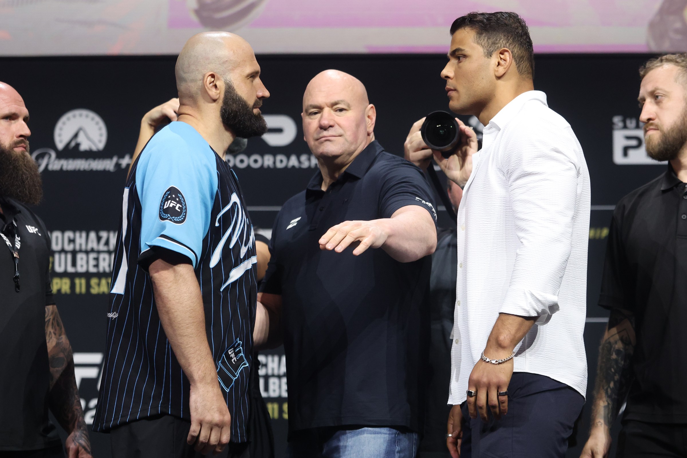 MIAMI, FLORIDA - APRIL 09: (L-R) Opponents Azamat Murzakanov of Russia and Paulo Costa of Brazil face off during the UFC 327 press conference at Kaseya Center on April 09, 2026 in Miami, Florida. (Photo by Ed Mulholland/Zuffa LLC)