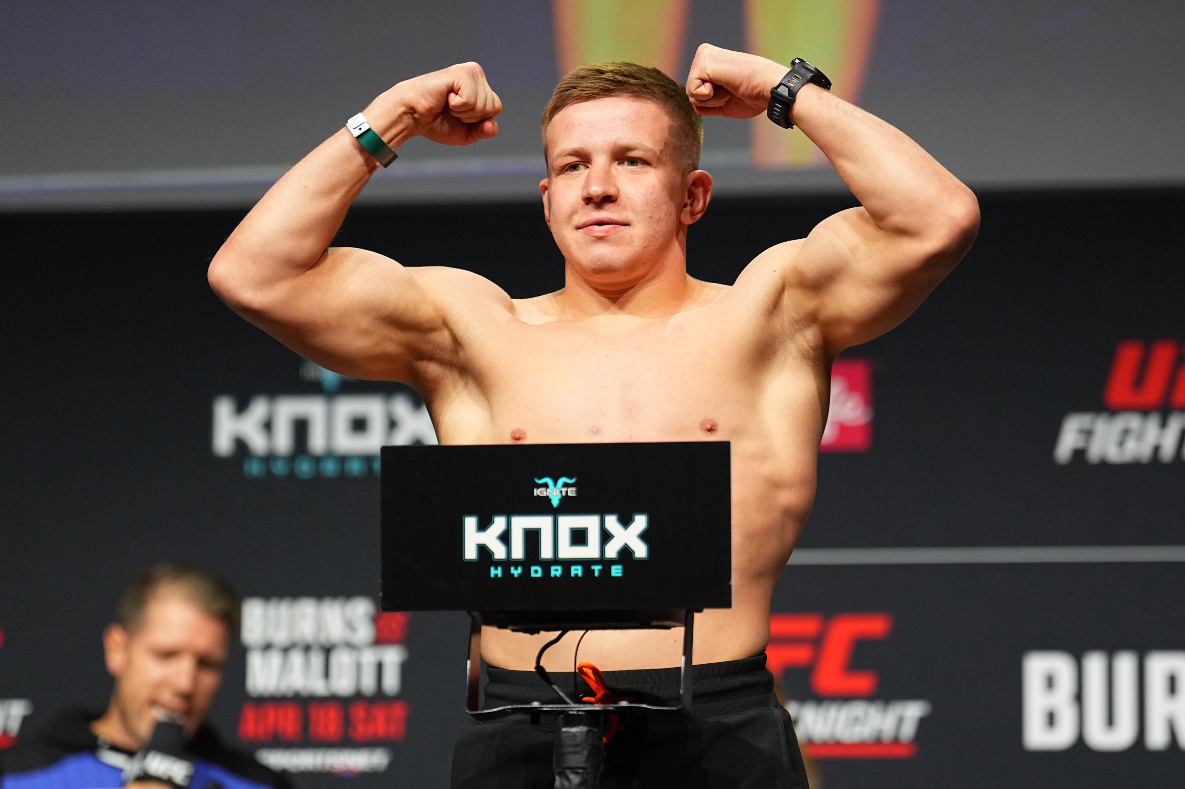 WINNIPEG, MANITOBA - APRIL 17: Mark Vologdin of Russia poses on the scale during the UFC Fight Night ceremonial weigh-in at Canada Life Centre on April 17, 2026 in Winnipeg, Manitoba. (Photo by Chris Unger/Zuffa LLC)