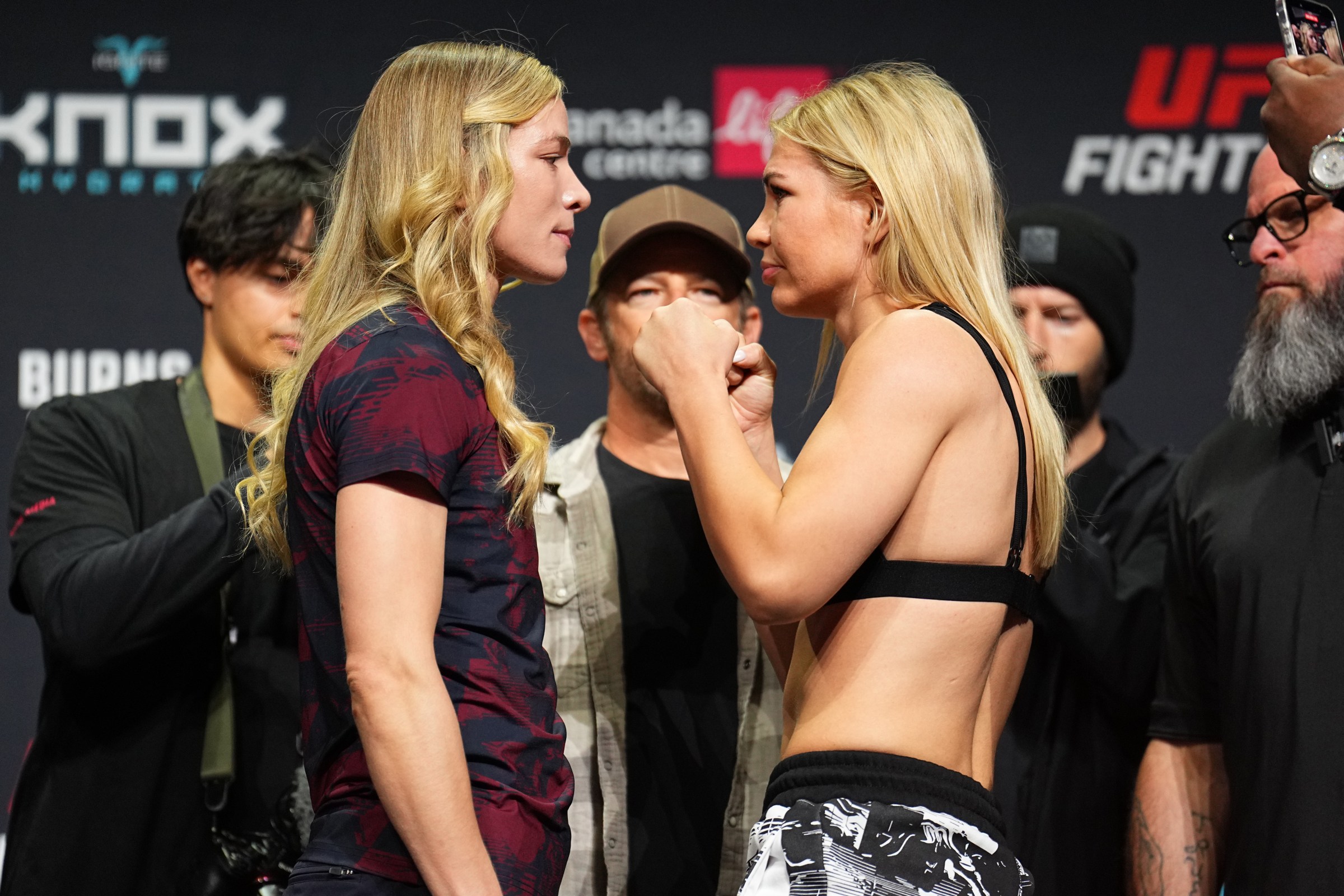 WINNIPEG, MANITOBA - APRIL 17: (L-R) Opponents Melissa Croden of Canada and Daria Zhelezniakova of Russia face off during the UFC Fight Night ceremonial weigh-in at Canada Life Centre on April 17, 2026 in Winnipeg, Manitoba. (Photo by Chris Unger/Zuffa LLC)