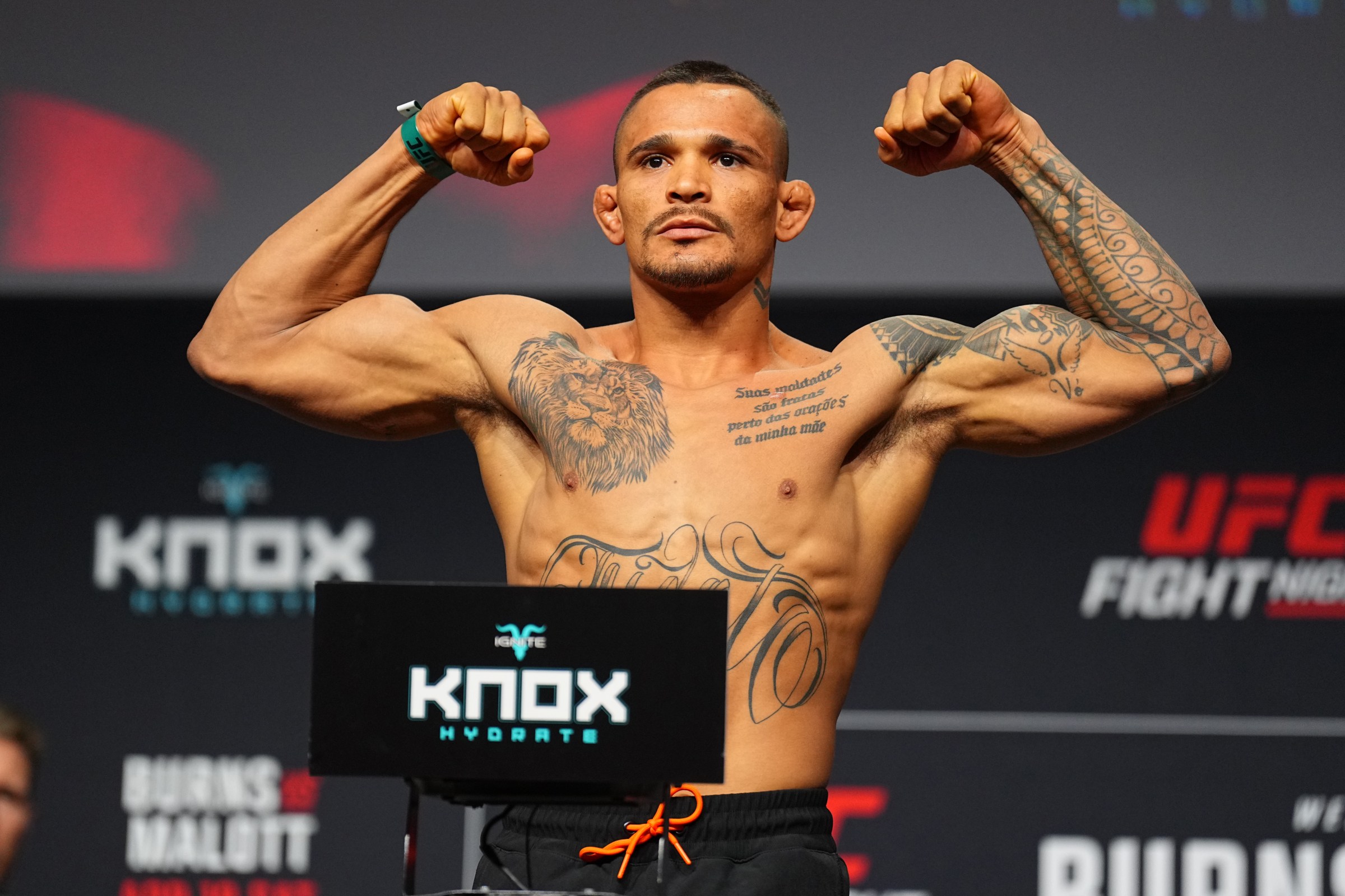 WINNIPEG, MANITOBA - APRIL 17: Marcio Barbosa of Brazil poses on the scale during the UFC Fight Night ceremonial weigh-in at Canada Life Centre on April 17, 2026 in Winnipeg, Manitoba. (Photo by Chris Unger/Zuffa LLC)