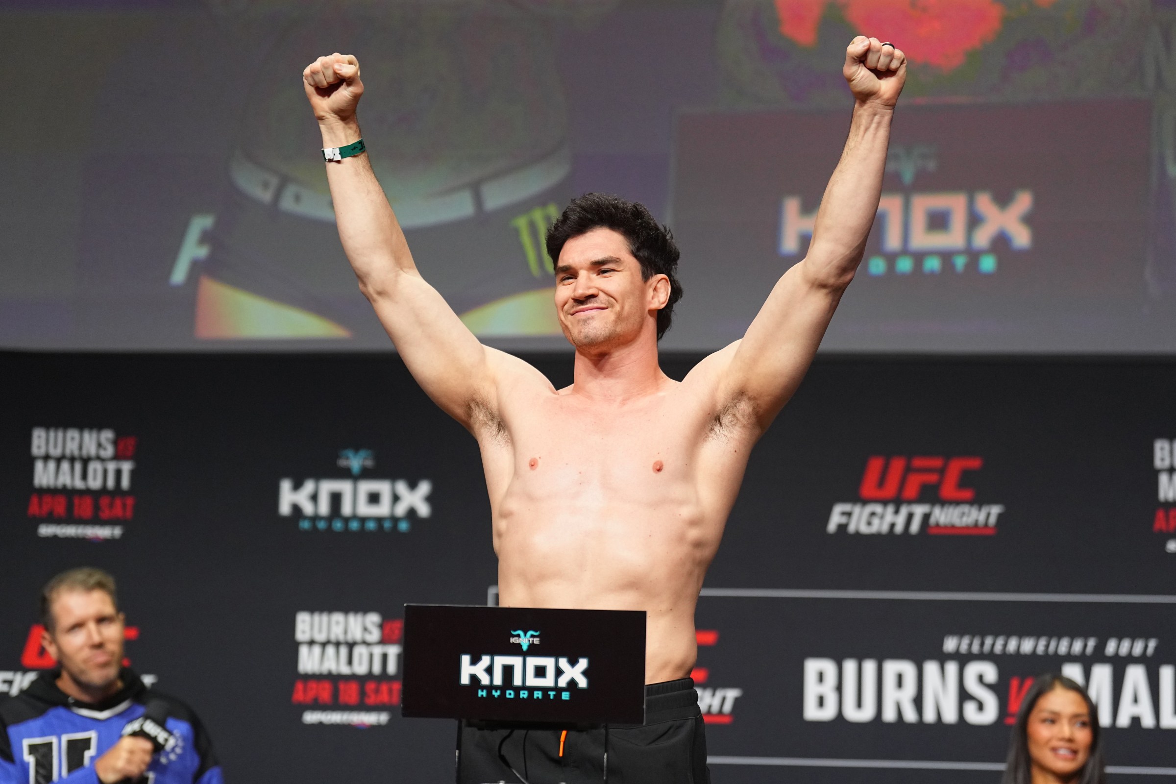 WINNIPEG, MANITOBA - APRIL 17: Mike Malott poses on the scale during the UFC Fight Night ceremonial weigh-in at Canada Life Centre on April 17, 2026 in Winnipeg, Manitoba. (Photo by Chris Unger/Zuffa LLC)