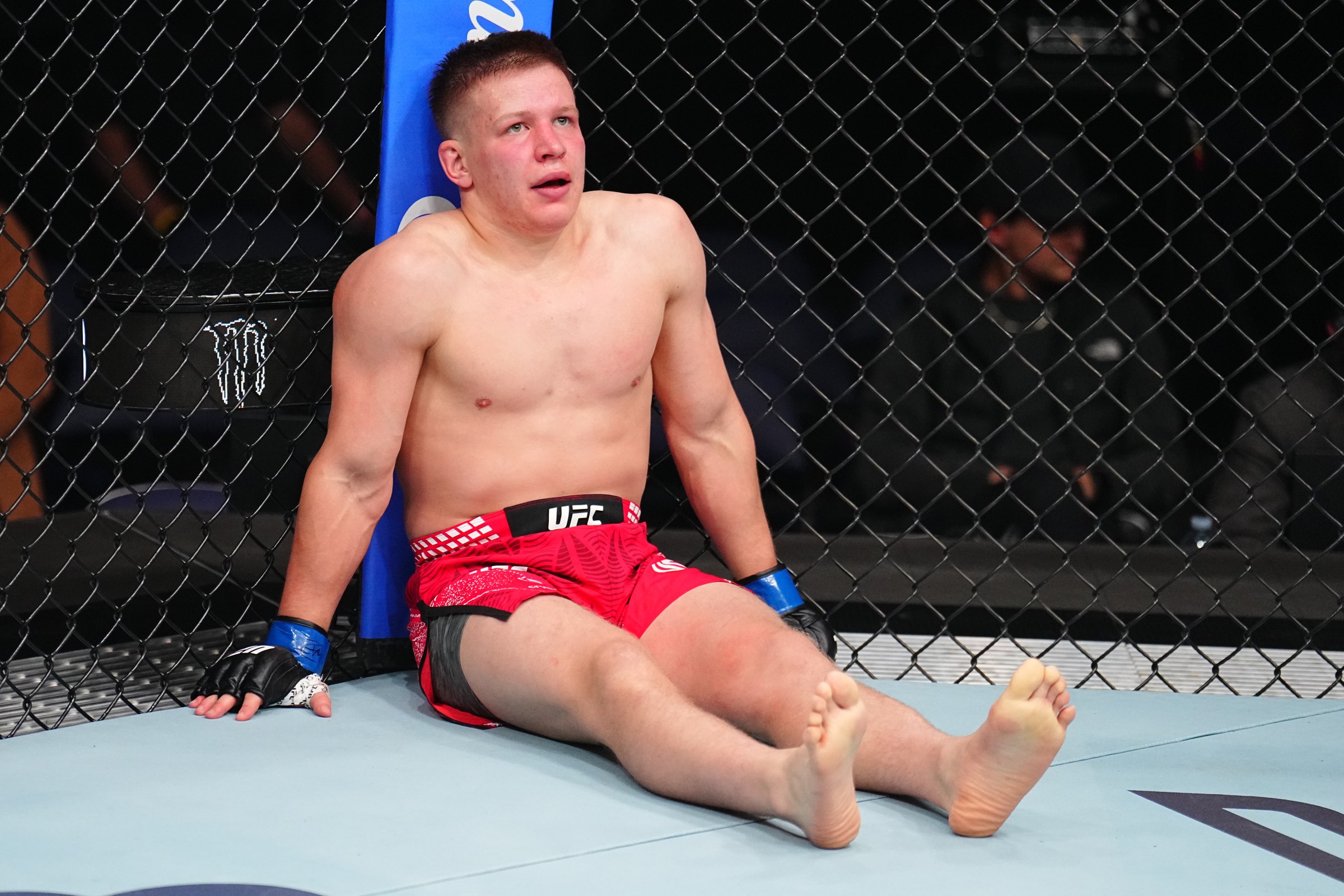 WINNIPEG, MANITOBA - APRIL 18: Mark Vologdin of Russia reacts after receiving a low blow from John Castaneda in a 139-pound catchweight fight during the UFC Fight Night event at Canada Life Centre on April 18, 2026 in Winnipeg, Manitoba. (Photo by Chris Unger/Zuffa LLC)