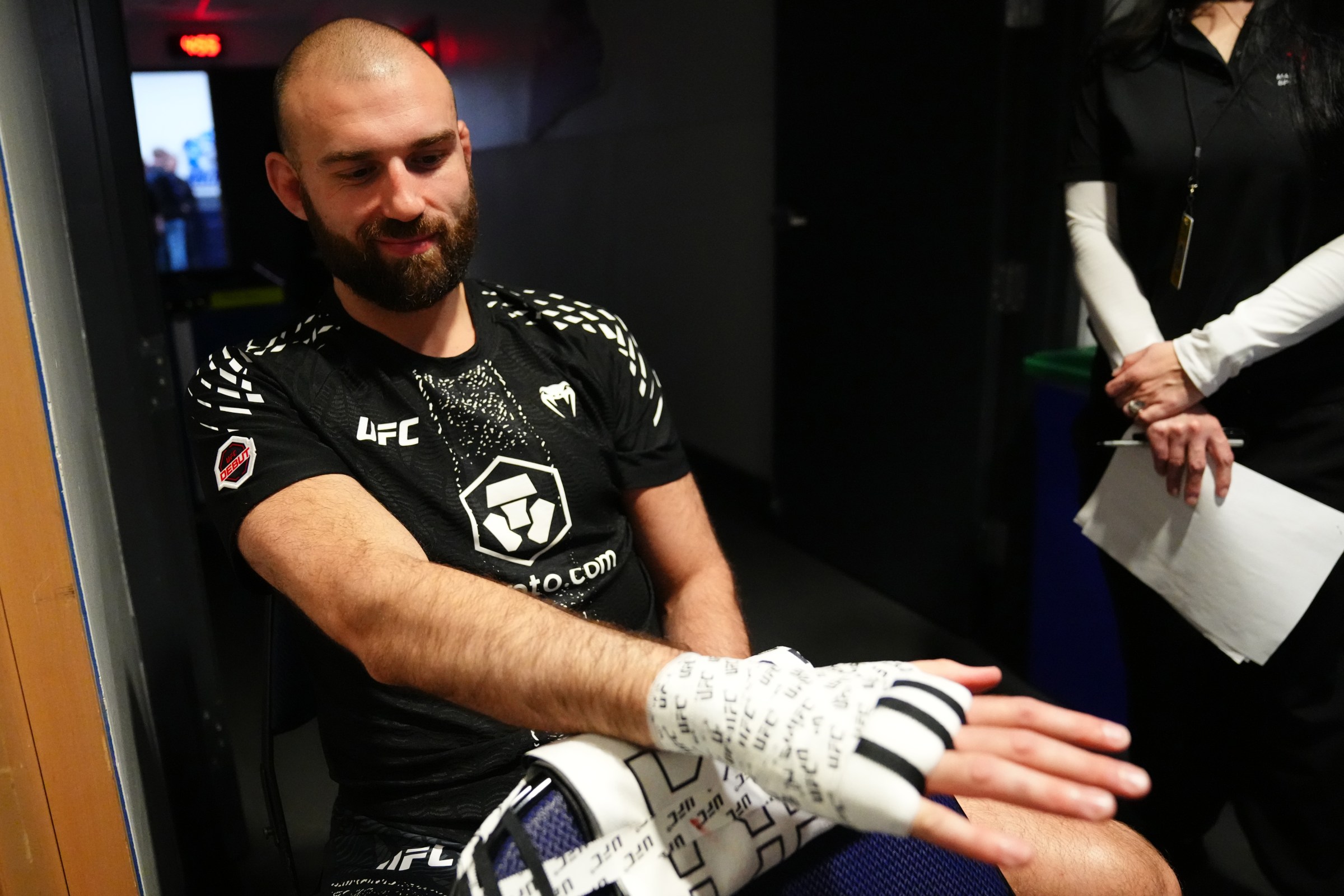 WINNIPEG, MANITOBA - APRIL 18: Julien Leblanc of Canada has his hands wrapped prior to his fight during the UFC Fight Night event at Canada Life Centre on April 18, 2026 in Winnipeg, Manitoba. (Photo by Mike Roach/Zuffa LLC)