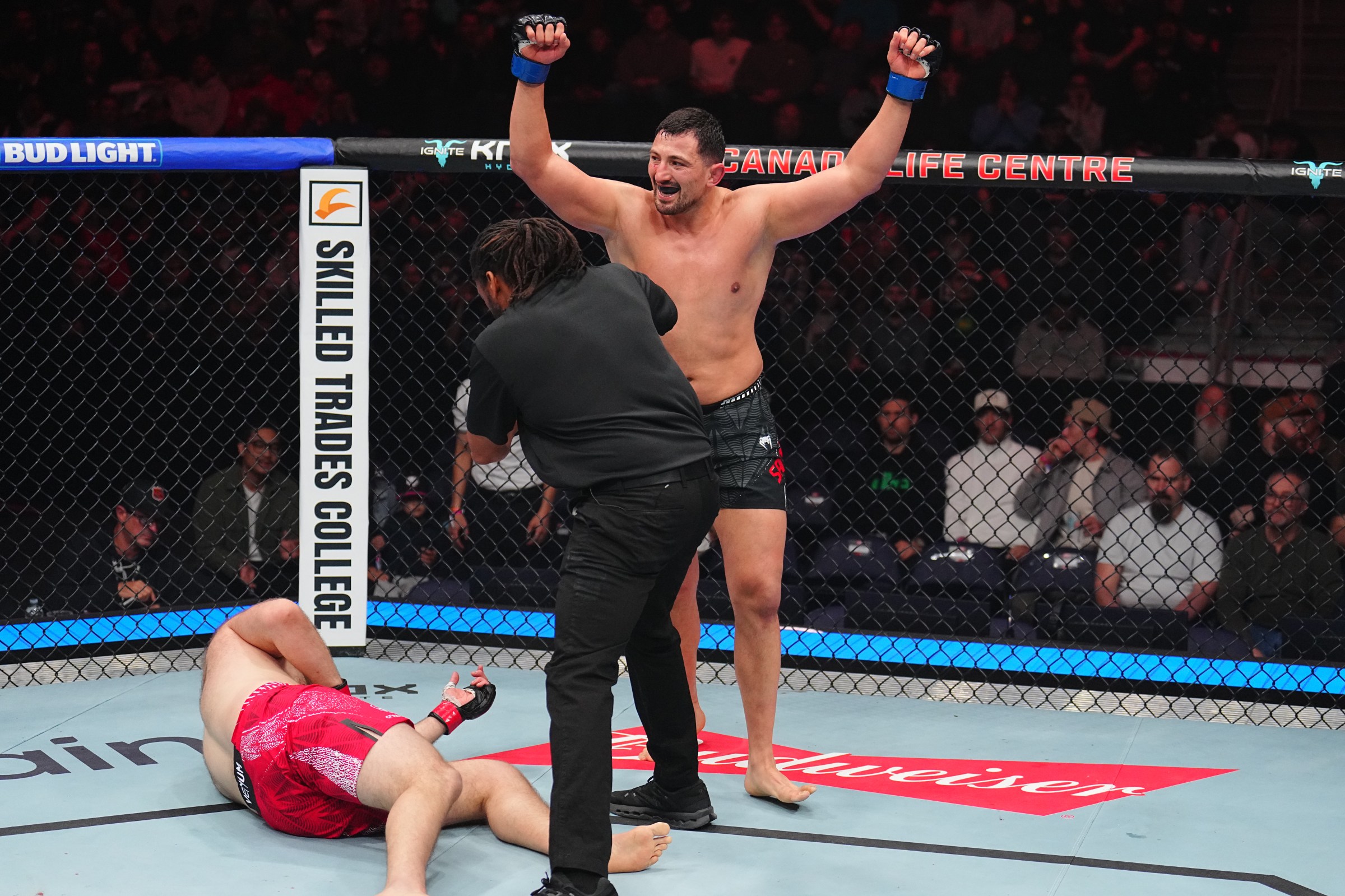 WINNIPEG, MANITOBA - APRIL 18: Gokhan Saricam of Belgium reacts after a knockout victory against Tanner Boser of Canada in a heavyweight fight during the UFC Fight Night event at Canada Life Centre on April 18, 2026 in Winnipeg, Manitoba. (Photo by Chris Unger/Zuffa LLC)