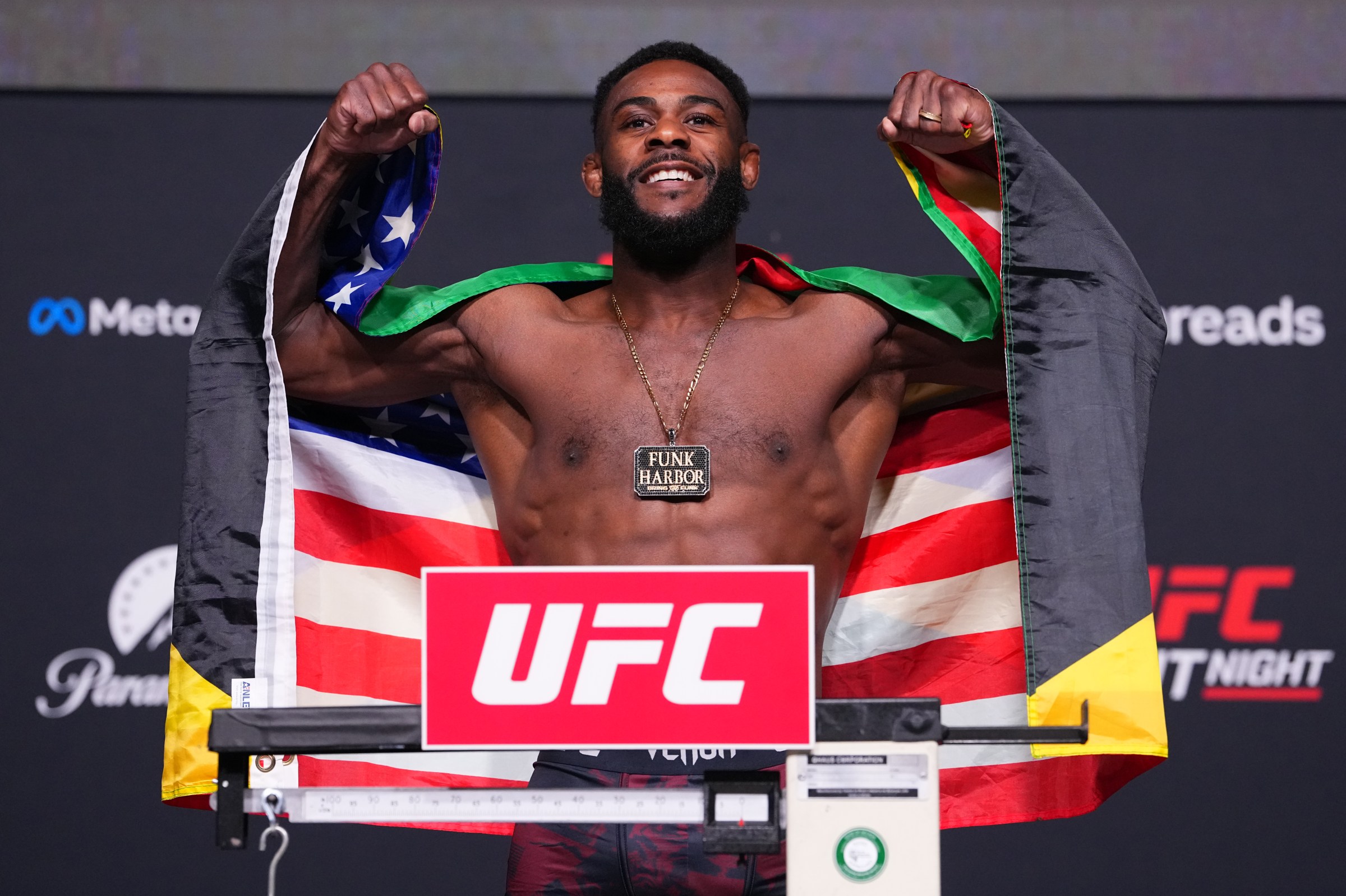 LAS VEGAS, NEVADA - APRIL 24: Aljamain Sterling poses on the scale during the UFC weigh-in at Meta APEX on April 24, 2026 in Las Vegas, Nevada. (Photo by Jeff Bottari/Zuffa LLC)