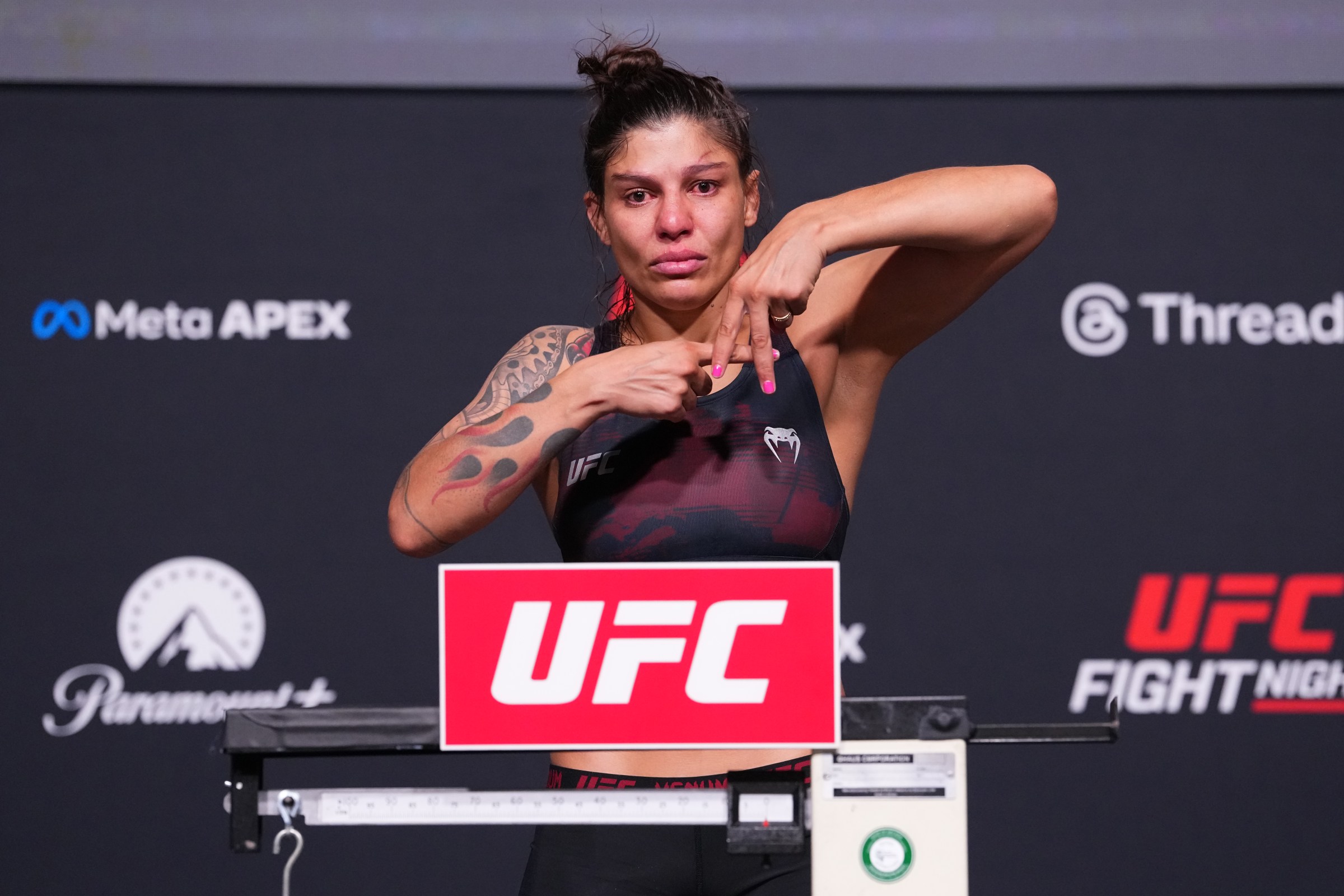 LAS VEGAS, NEVADA - APRIL 24: Mayra Bueno Silva of Brazil poses on the scale during the UFC weigh-in at Meta APEX on April 24, 2026 in Las Vegas, Nevada. (Photo by Jeff Bottari/Zuffa LLC)