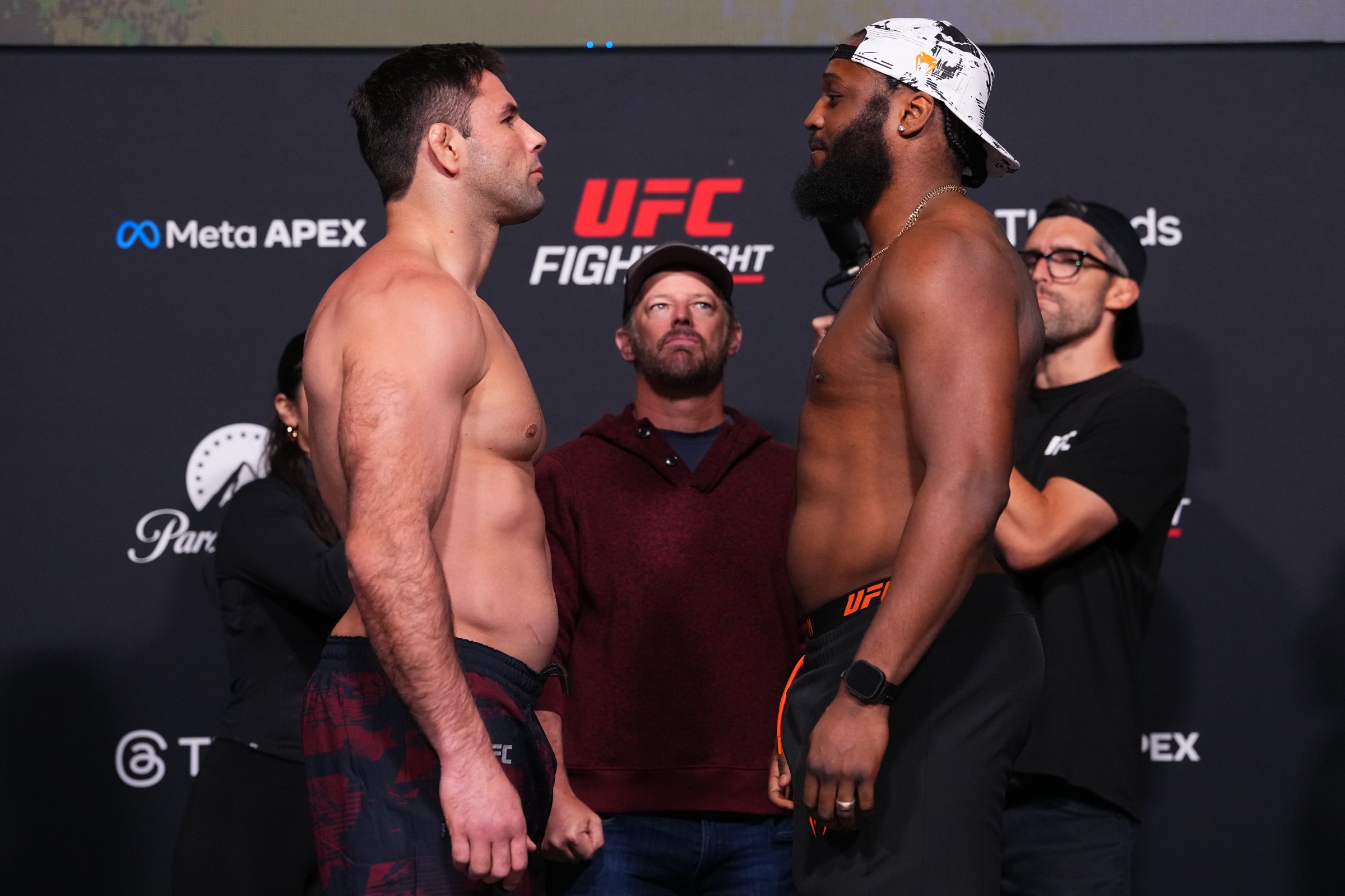 LAS VEGAS, NEVADA - APRIL 24: (L-R) Opponents Marcus Buchecha of Brazil and Ryan Spann face off during the UFC weigh-in at Meta APEX on April 24, 2026 in Las Vegas, Nevada. (Photo by Jeff Bottari/Zuffa LLC)