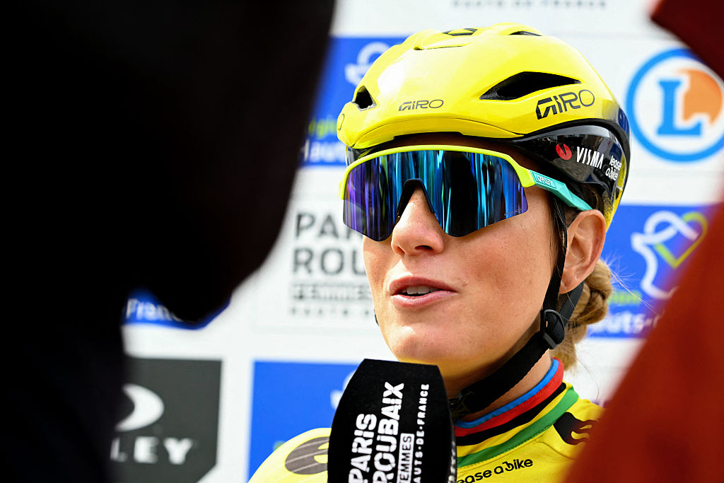 Team Visma - Lease a Bike's French rider Pauline Ferrand-Pr&eacute;vot speaks to journalists prior to the start of the 6th edition of the Women Paris-Roubaix one-day classic cycling race, 143.1 km between Denain and Roubaix, northern France, on April 12, 2026. (Photo by NICOLAS TUCAT / AFP via Getty Images)