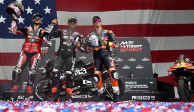 Jorge Martin, Pecco Bagnaia, Pedro Acosta, 2026 US MotoGP Sprint podium.