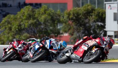 Nicolo Bulega leads Miguel Oliveira, Iker Lecuona, 2026 Portuguese WorldSBK. Credit: Gold and Goose.