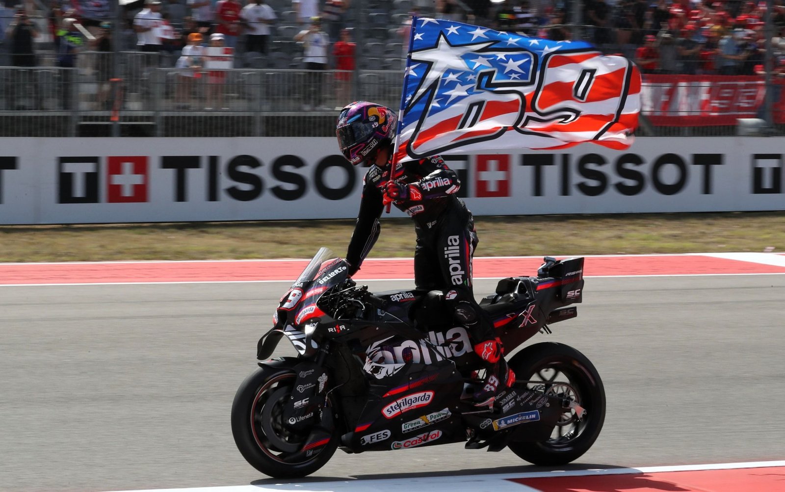 Jorge Martin with Nicky Hayden flag, 2026 US MotoGP.