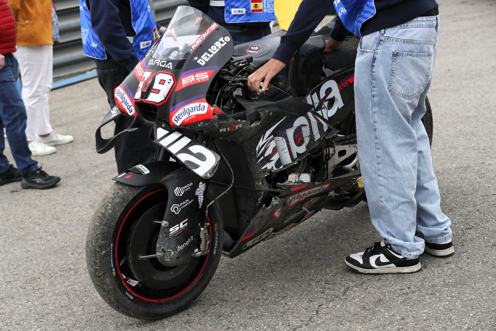 Jorge Martin's crashed Aprilia after FP1, 2026 Spanish MotoGP.