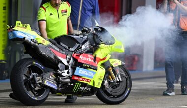 Franco Morbidelli pulls in with a smoke from his engine, FP2, 2026 Spanish MotoGP.