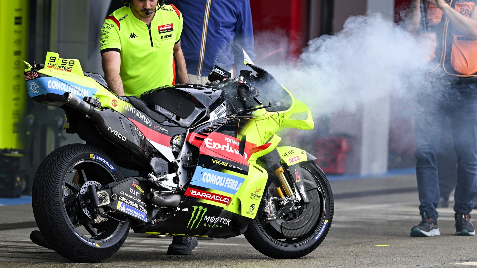 Franco Morbidelli pulls in with a smoke from his engine, FP2, 2026 Spanish MotoGP.