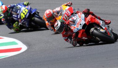Jorge Lorenzo leads Marc Marquez and Valentino Rossi, 2018 Italian MotoGP.