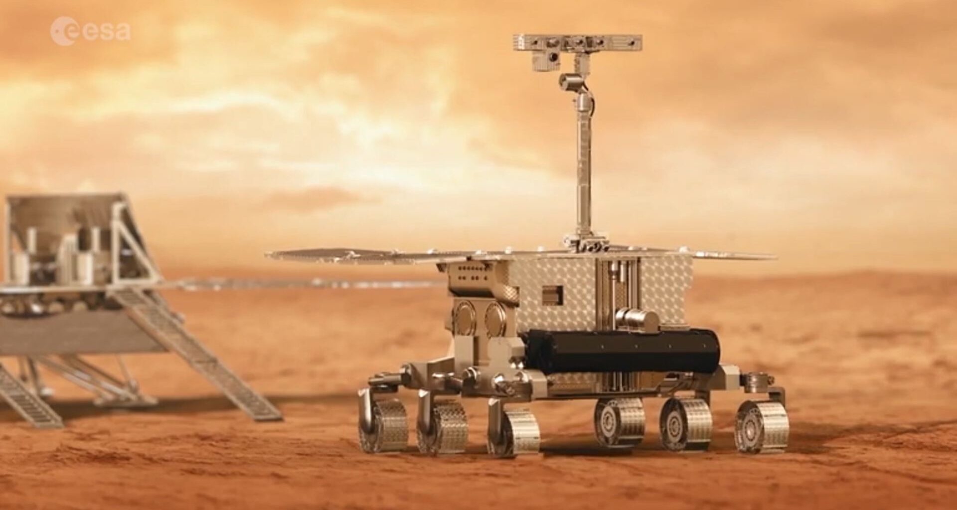 An illustration of a small six-wheeled rover on the reddish surface of Mars