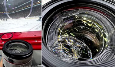 A hockey game seen through a stadium glass barrier, with a broken camera lens in the foreground. The close-up on the right shows cracks and sparkles in the damaged glass of the camera lens.