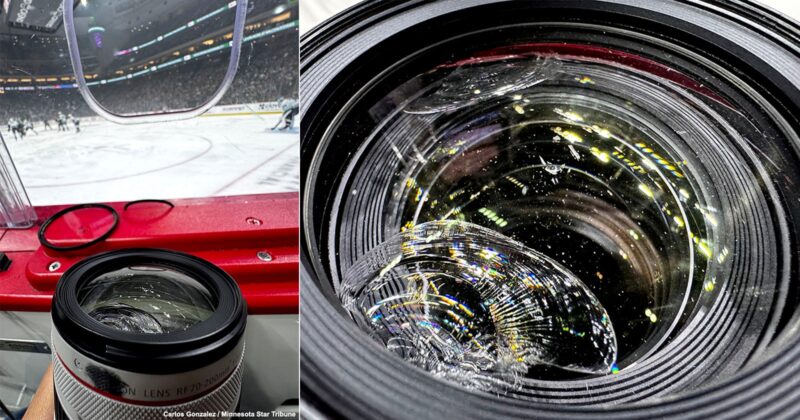 A hockey game seen through a stadium glass barrier, with a broken camera lens in the foreground. The close-up on the right shows cracks and sparkles in the damaged glass of the camera lens.