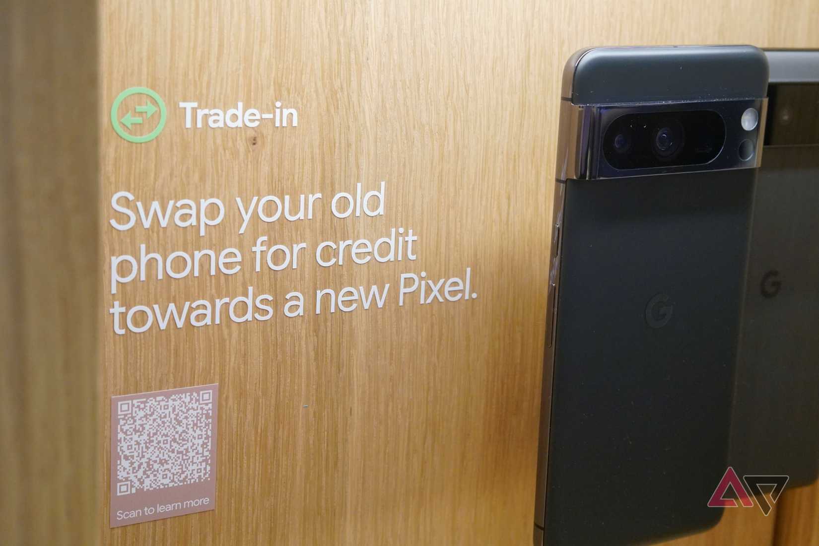 A Google Fi Wireless retail display promoting trade-in credit offers.