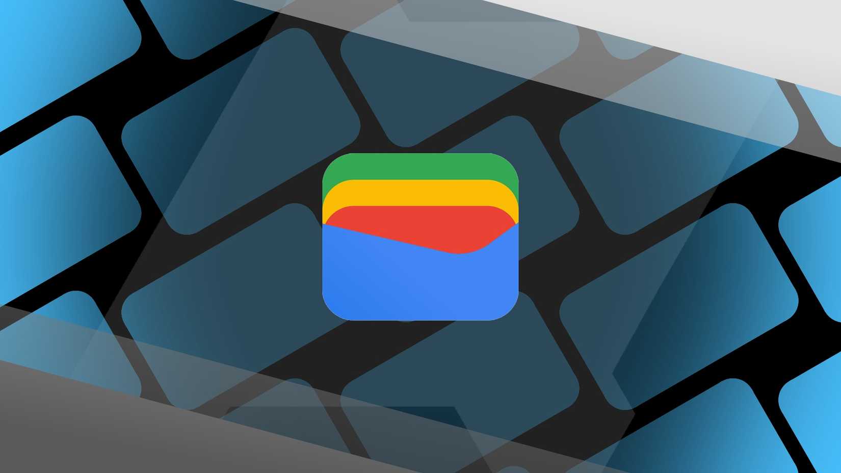 The Google Wallet logo against a wall of blue blocks