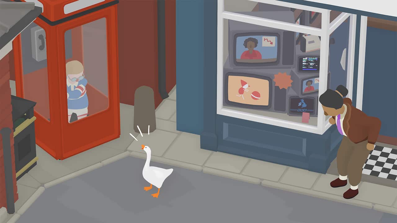 A screenshot from a video game, in which a cartoon goose is honking at a young boy trapped in a phone booth.