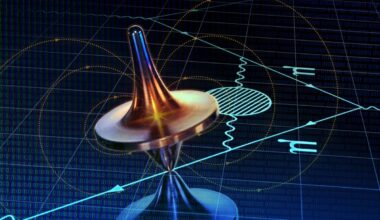 A metallic spinning top sits on a reflective surface against a dark background featuring digital patterns and lines. (Alternative text generated by AI)