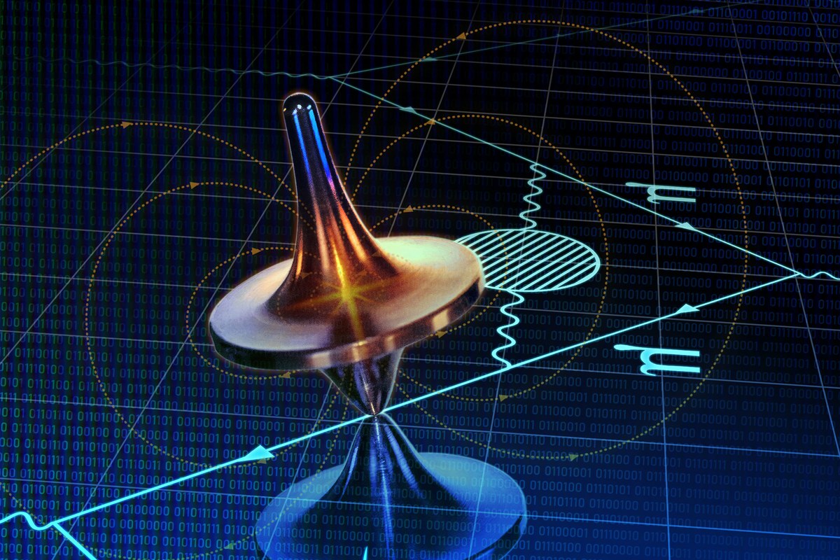 A metallic spinning top sits on a reflective surface against a dark background featuring digital patterns and lines. (Alternative text generated by AI)