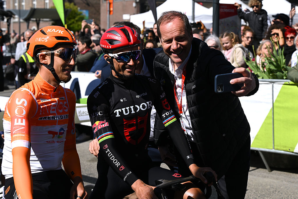Kevin Vauquelin of Team INEOS Grenadiers, Julian Alaphilippe of Team Tudor Pro Cycling and Christian Prudhomme of France Director of Le Tour de France prior to the 90th La Fleche Wallonne