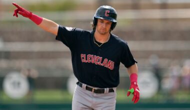 Cleveland Guardians' Chase DeLauter points as he rounds the bases after hitting a three-run home run against the Chicago White Sox during the first inning of a spring training baseball game, March 18, 2024, in Phoenix.