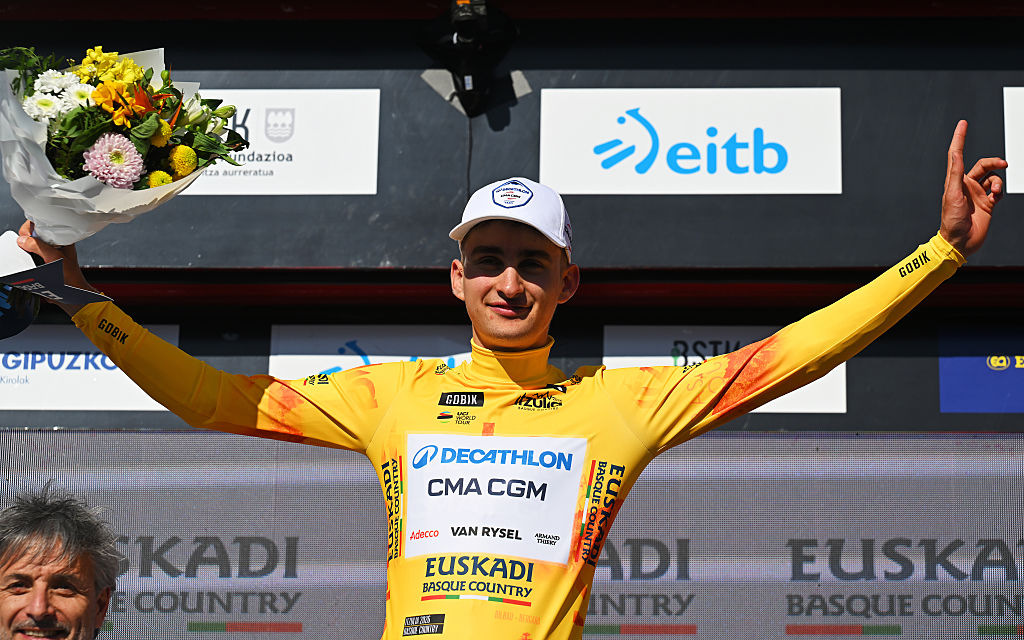 BILBAO, SPAIN - APRIL 06: Paul Seixas of France and Team Decathlon CMA CGM celebrates at podium as Yellow leader jersey winner during the 65th Itzulia Basque Country 2026, Stage 1 a 13.8km individual time trial stage from Bilbao to Bilbao / #UCIWT / on April 06, 2026 in Bilbao, Spain. (Photo by Tim de Waele/Getty Images)
