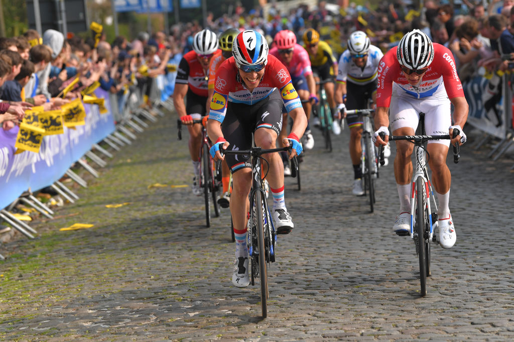 OUDENAARDE, BELGIUM - APRIL 07: Bob Jungels of Luxembourg and Team Deceuninck-Quickstep / Mathieu Van Der Poel of The Netherlands and Team Corendon-Circus / Greg Van Avermaet of Belgium and CCC Team / Cobblestones / during the 103rd Tour of Flanders 2019 - Ronde van Vlaanderen a 270,1km race from Antwerp to Oudenaarde / @RondeVlaanderen / @FlandersClassic / #RVV19 / on April 07, 2019 in Oudenaarde, Belgium. (Photo by Tim de Waele/Getty Images)
