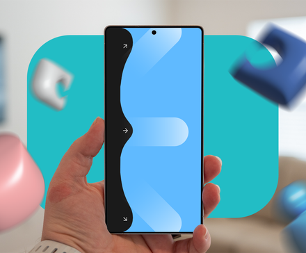 Hand holding a smartphone displaying One Hand Operation+ gesture arrows on the left screen edge.