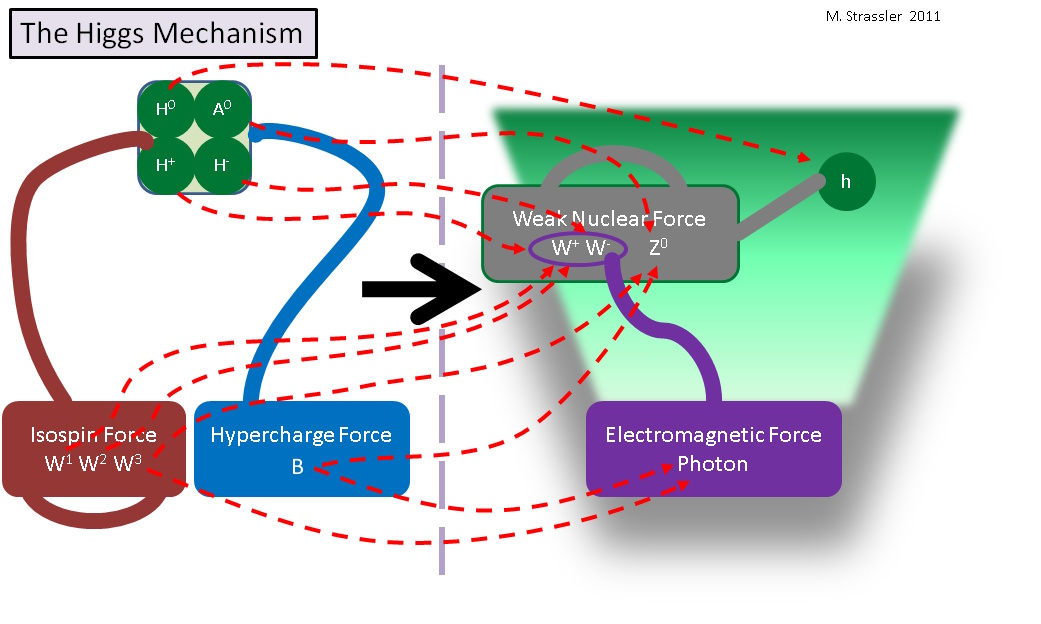Diagram illustrating the Higgs mechanism, showing how particles in the early universe gained mass through interactions involving isospin, hypercharge, the weak nuclear force, electromagnetic force, and the Higgs boson.