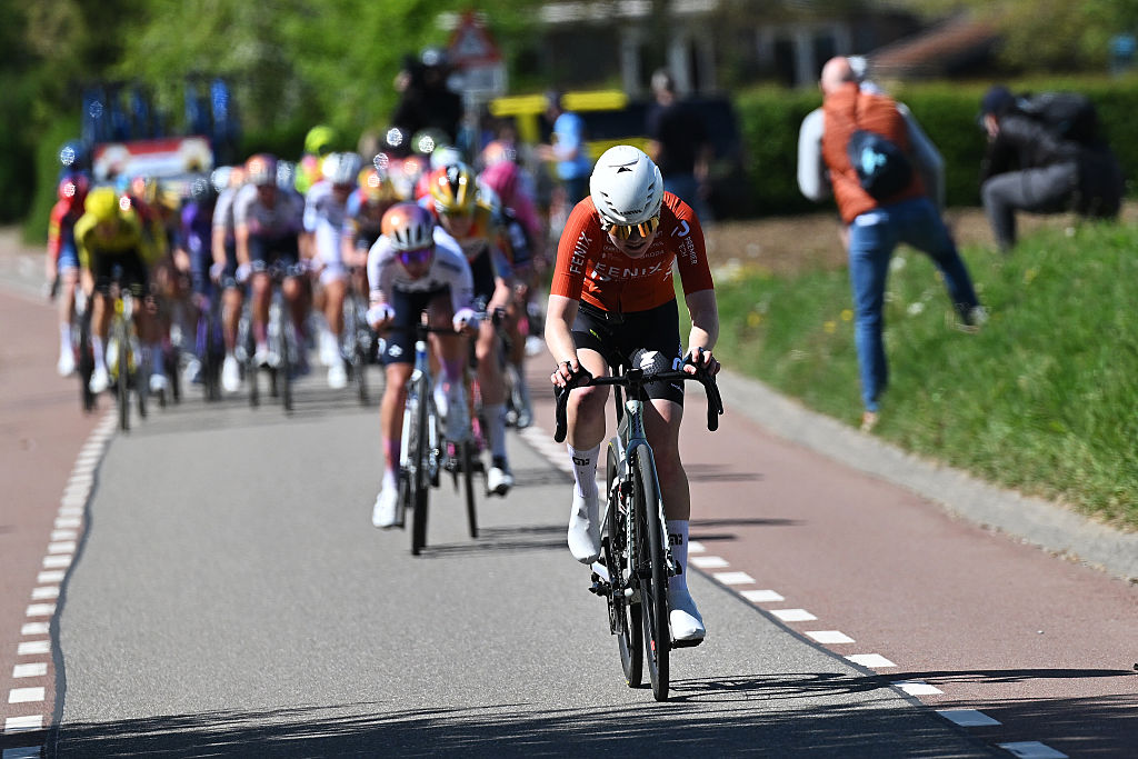 Puck Pieterse chips off the front of the peloton during the women's Amstel Gold Race 2026