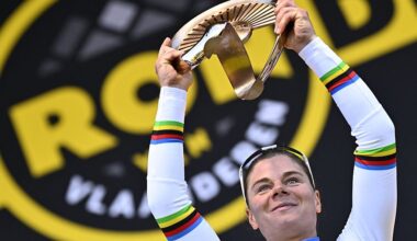 Belgium's Lotte Kopecky of SD Worx-Protime celebrates on the podium after winning the women's Tour of Flanders one day cycling race, 168,8km from and to Oudenaarde, in Oudenaarde, on April 6, 2025. (Photo by JASPER JACOBS / Belga / AFP) / Belgium OUT
