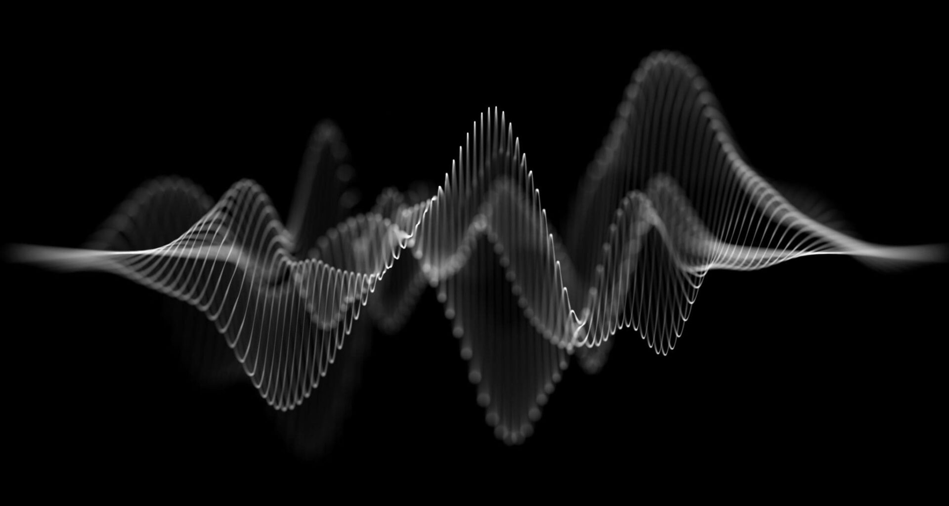 Abstract white sound waves on a black background. Minimalist wave patterns representing an equalizer and audio spectrum. Perfect for music visuals, digital art, technology backgrounds, and modern crea