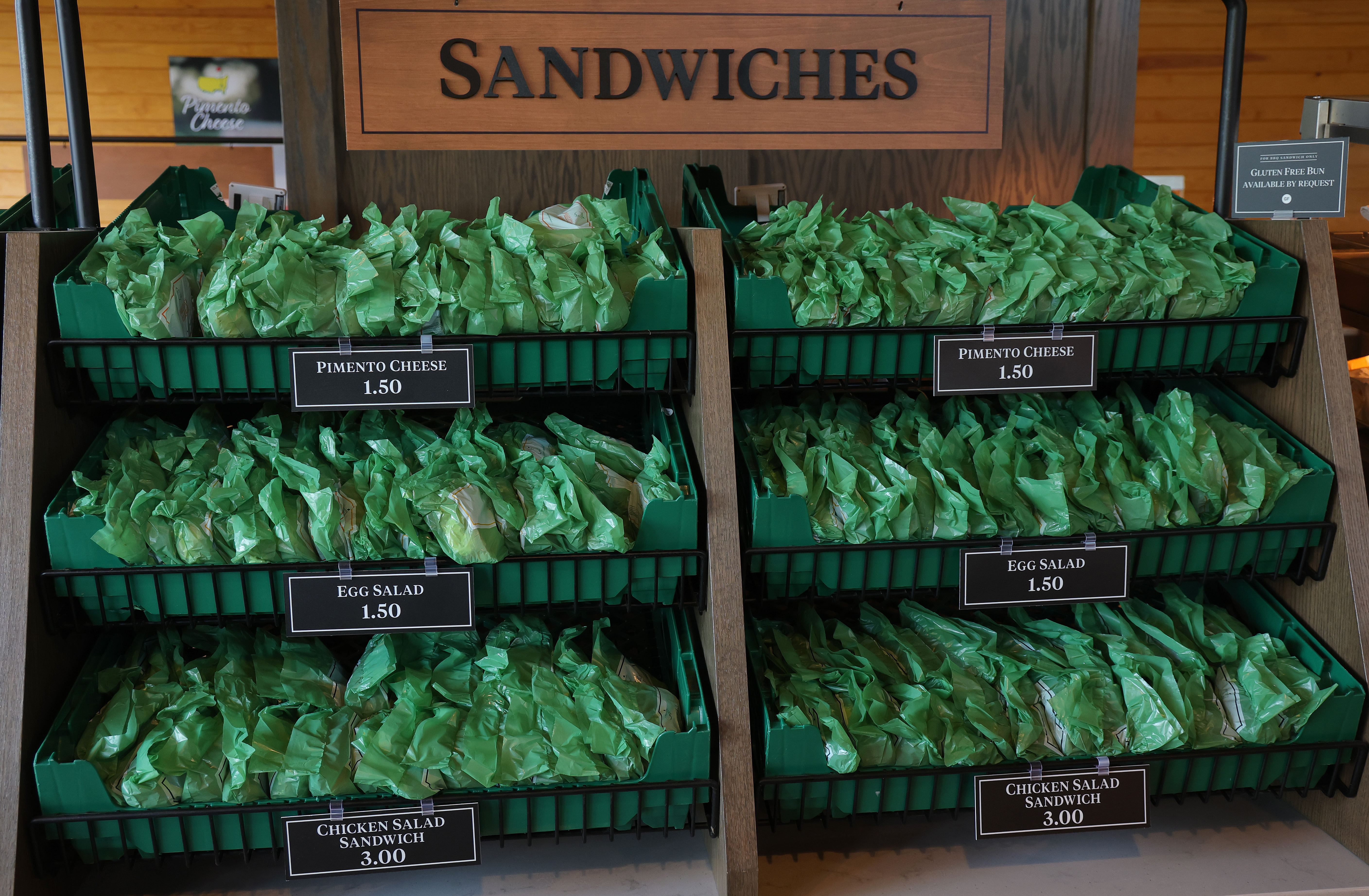 A view of sandwiches available at a concession stand by the eighth hole during a practice round prior to the 2025 Masters Tournament at Augusta National Golf Club