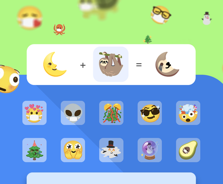 Illustration of Gboard’s Emoji Kitchen showing a moon emoji combined with a sloth emoji to create a mashup sticker, displayed above a grid of other emoji mashups on a colorful background.
