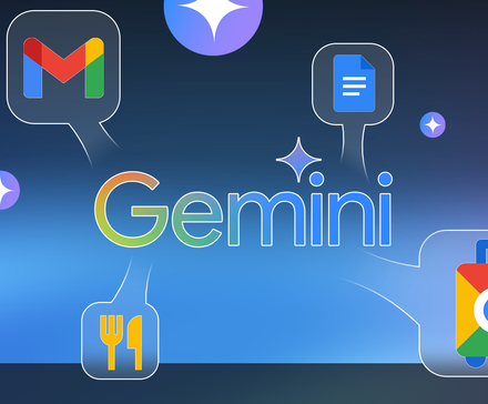 Illustration showing the Gemini logo at the center, surrounded by Gmail, Docs, restaurant, and Google travel icons.