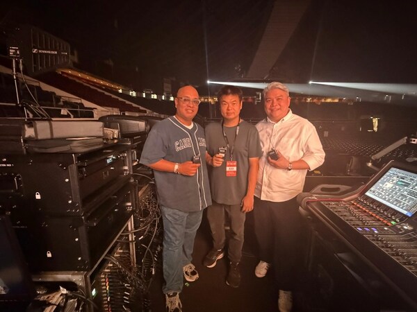 (from left to right) Darryl Tan, Business Development Manager at Sennheiser Asia, Favian Ngan, Founder of AV Production, and Gerald Fong, Projects and Sales Director at Concept Systems during the Singapore stop of an international world tour held at the Singapore Indoor Stadium