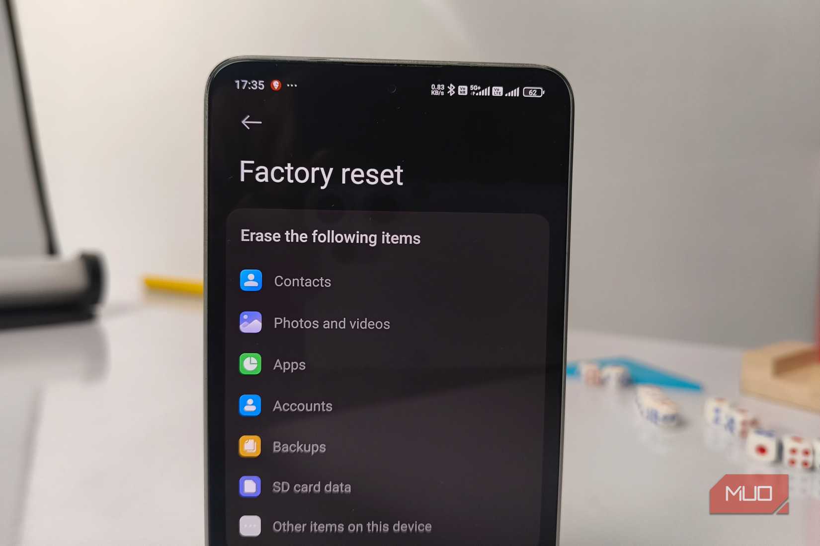 Factory reset menu in settings