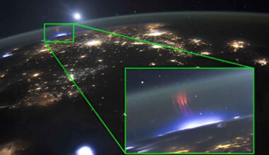 Red sprite lightning captured from the ISS above a thunderstorm reaching high into the upper atmosphere