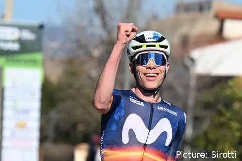 Ivan Romeo punches the air as he wins stage 2 at the 2026 Vuelta a Andalucia