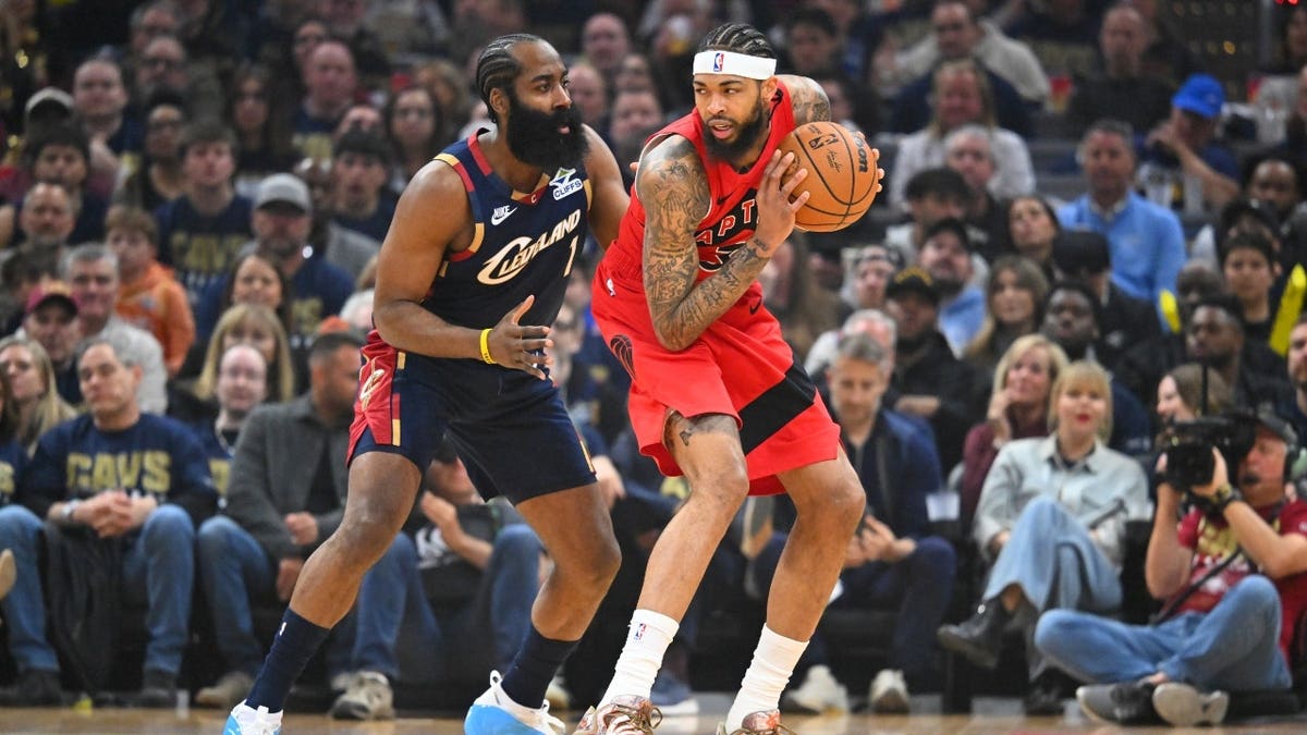 Cleveland Cavaliers' James Harden defends Toronto Raptors forward Brandon Ingram in Game 2 in the Eastern Conference First Round of the 2026 NBA Playoffs at Rocket Arena in Ohio.